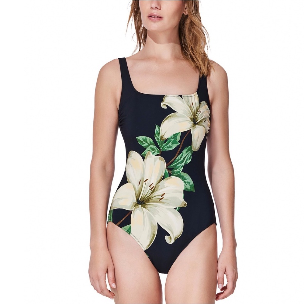 Gottex Yuri Flower Square Neck One Piece Swimsuit Black Cream 26YU173U Size 12